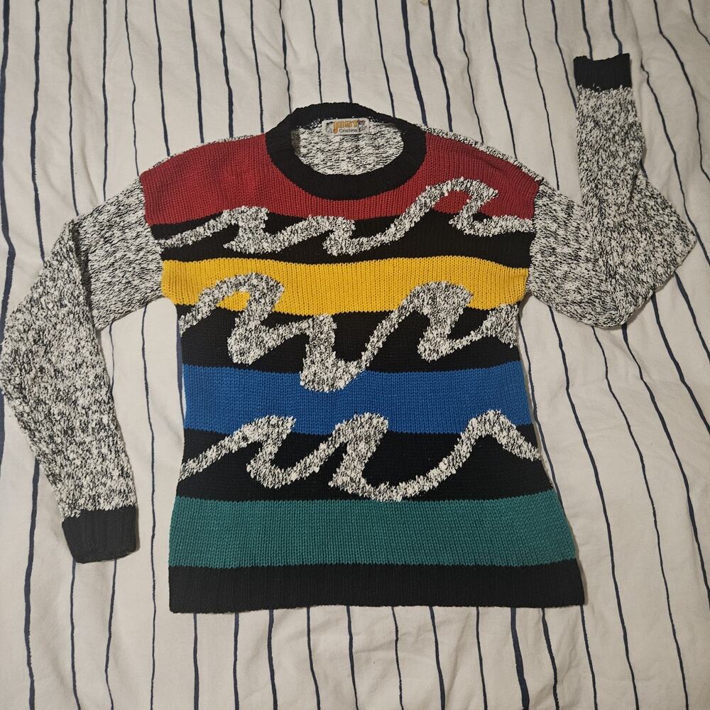 Rainbow Wool Blend Crew Sweater M Knit Dad Grandpa Vintage 80s Just Cristina Euc